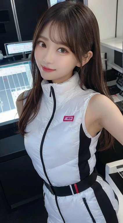 An innocent 20-year-old girl、((White tank top, Dramatic Pose)),smile,BREAK (Spacecraft control room background):2,、BREAK RAW Photos, (8k、highest quality、masterpiece:1.2)、(Intricate details:1.4)、(Photorealistic:1.4)、Octane Rendering、Complex 3D rendering with ultra-detail, Studio Soft Light, Rim Light, Vivid details, Super Detail, Realistic skin texture, Detailed aspect, Beautiful details in the eyes, Highly detailed CG Unity 16k wallpaper, compensate, (Detailed Background:1.2), Glowing Skin, whole body、(astrovest):2,(black long sleeves):5,((Standing with hands behind back、Leaning forward、Angle from above))