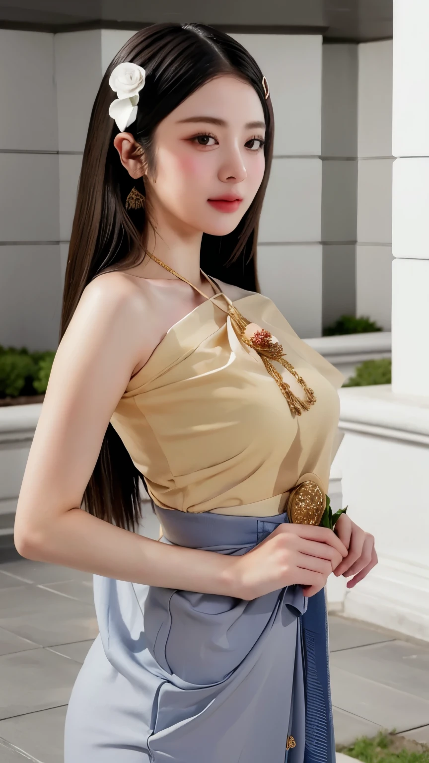 Close-up of woman with flowers in her hair, beautiful south korean women,หญิงKorean girlที่งดงาม, Korean girl, ใบหน้าKorean girlที่น่ารัก, Gold Thai dress, Thai temple, standing holding hands, ((Hair clips))