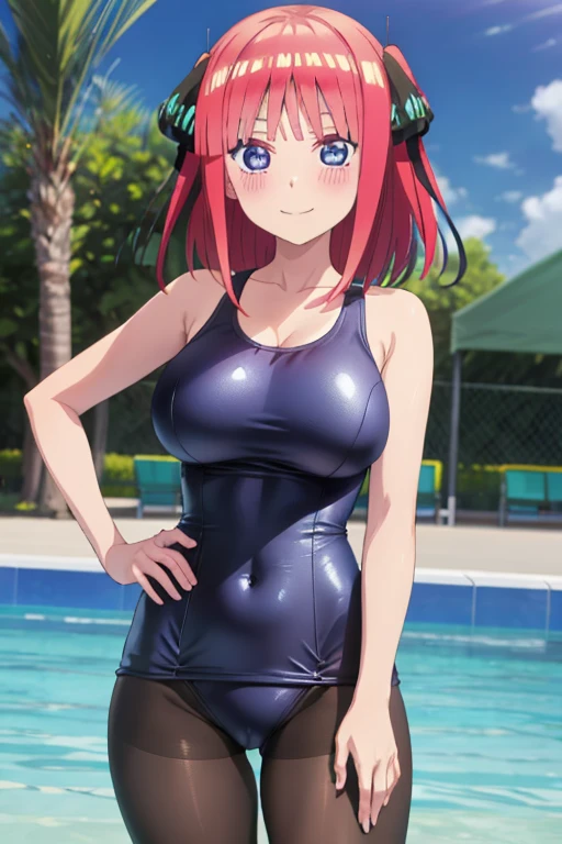 best quality, ultra-detailed masterpiece, anime art style, cute character, nino nakano, large breasts, blush, smile, one-piece swimsuit, pantyhose,