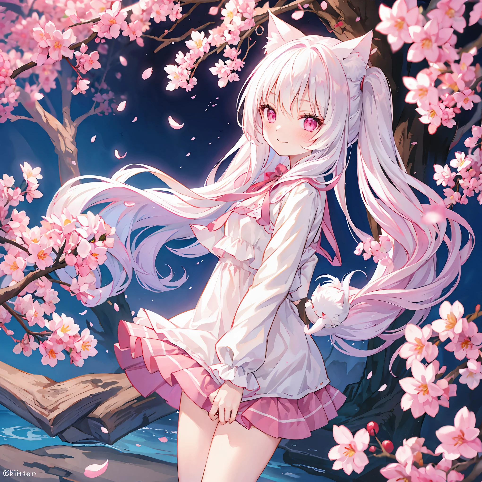 Long white hair、pink eyes、One Beautiful Cat Girl、red blush、A smile、Flip-fluffy miniskirt、Cherry blossoms、