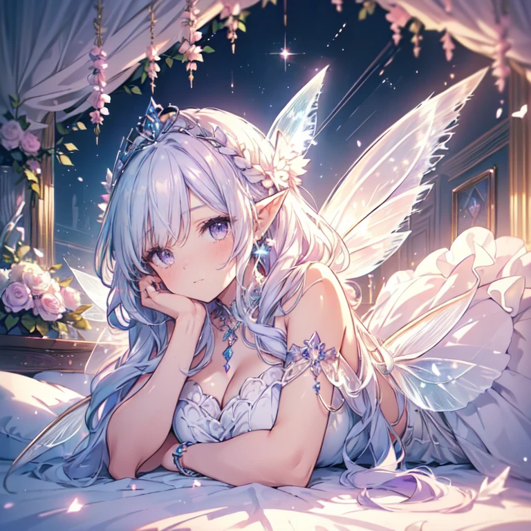 (highest quality, Very detailed, beautiful, Exquisite, 16k, Full HD), (Lie on your back in bed),((A fluffy layered dress that sparkles)),A large and beautiful dress inspired by rose flowers, Hanabubuki,The screen is surrounded by flowers,Frills,Rhinestones are adorned、Intricately wavy ball gown,(Art Station, Fantasy art:1.2), pastel colour,((Giant white fairy wings:1.5)),(Gradient Hair, Light blue hair, Wavy Hair,Fluffy hair,tiara,anklet,Lavender eyes, Long eyelashes, beautiful purple eyes,Light pink cheeks,Pointed Ears,Fluffy big),Dazzling Light, Warm lighting,Bright light,Romantic light