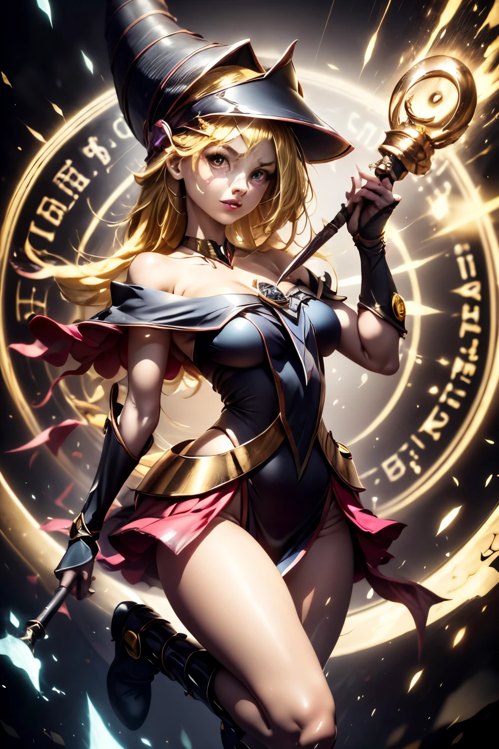(8k,fotorrealista raw photography the highest quality;1.4) (1chica en) Super belleza (cara realista) cuerpo femenino (Rubia de rizos largos) Hold a black and red magic wand Escena de combate Magic hat with black and gold exterior Beautiful expression Deslumbramiento (Piel de aspecto real) (Giles magos oscuros) tentador super high resolution Un hiperrealista Alto detalle foto de cuerpo completo restos