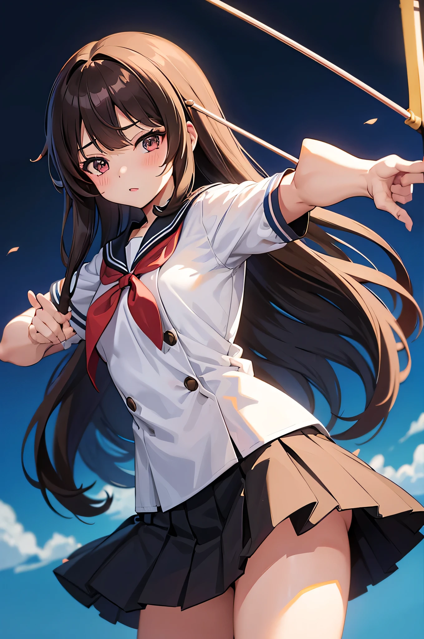 an anime character with long brown tresses and a short skirt in sailor open outfit, holding a bow and arrow, 1girl, solo, lift skirt, sexy short school uniform, sexy serafuku, long hair, black hair, cowboy skirt, looking at viewer, white background, simple background, black serafuku, pleated skirt, blush, low back angle, uncensored, 50% nude