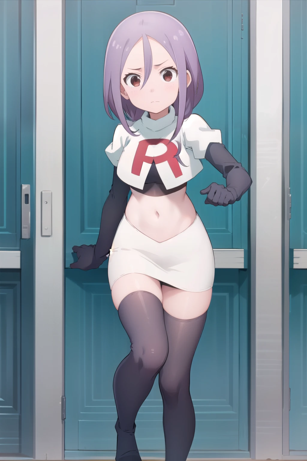 solo, 1girl, looking at viewer, 2D, anime, anime coloring, team rocket,team rocket uniform,white skirt,red letter R,crop top,black thigh-highs,black elbow gloves, urushi yaotome, , looking at viewer