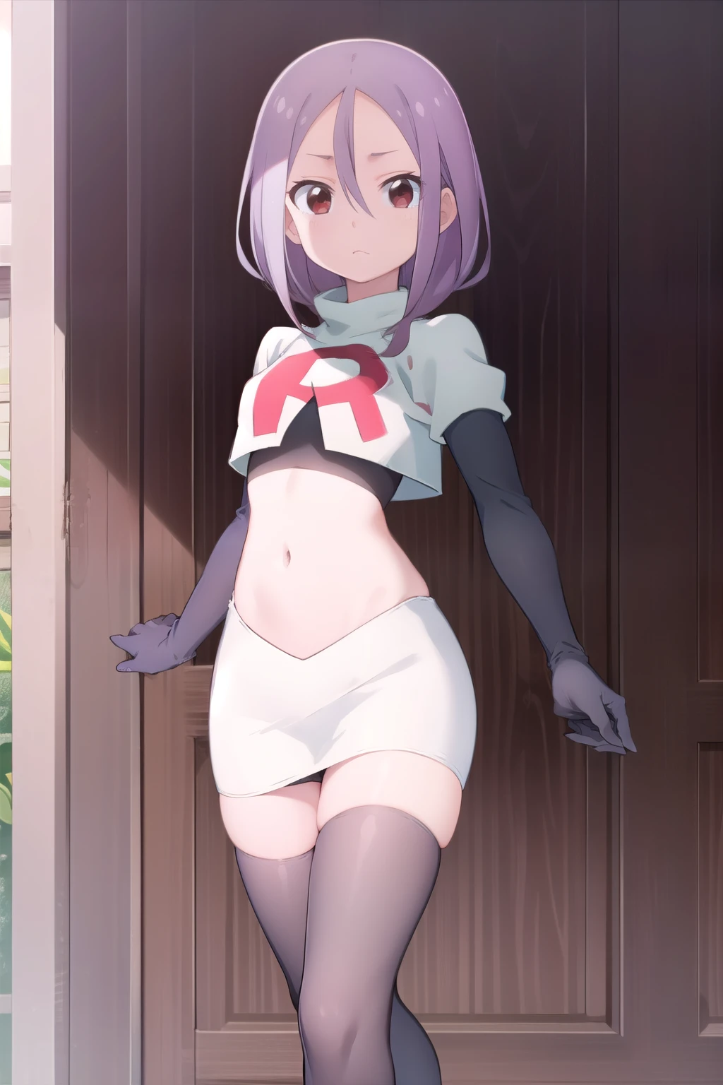 solo, 1girl, looking at viewer, 2D, anime, anime coloring, team rocket,team rocket uniform,white skirt,red letter R,crop top,black thigh-highs,black elbow gloves, urushi yaotome, , looking at viewer