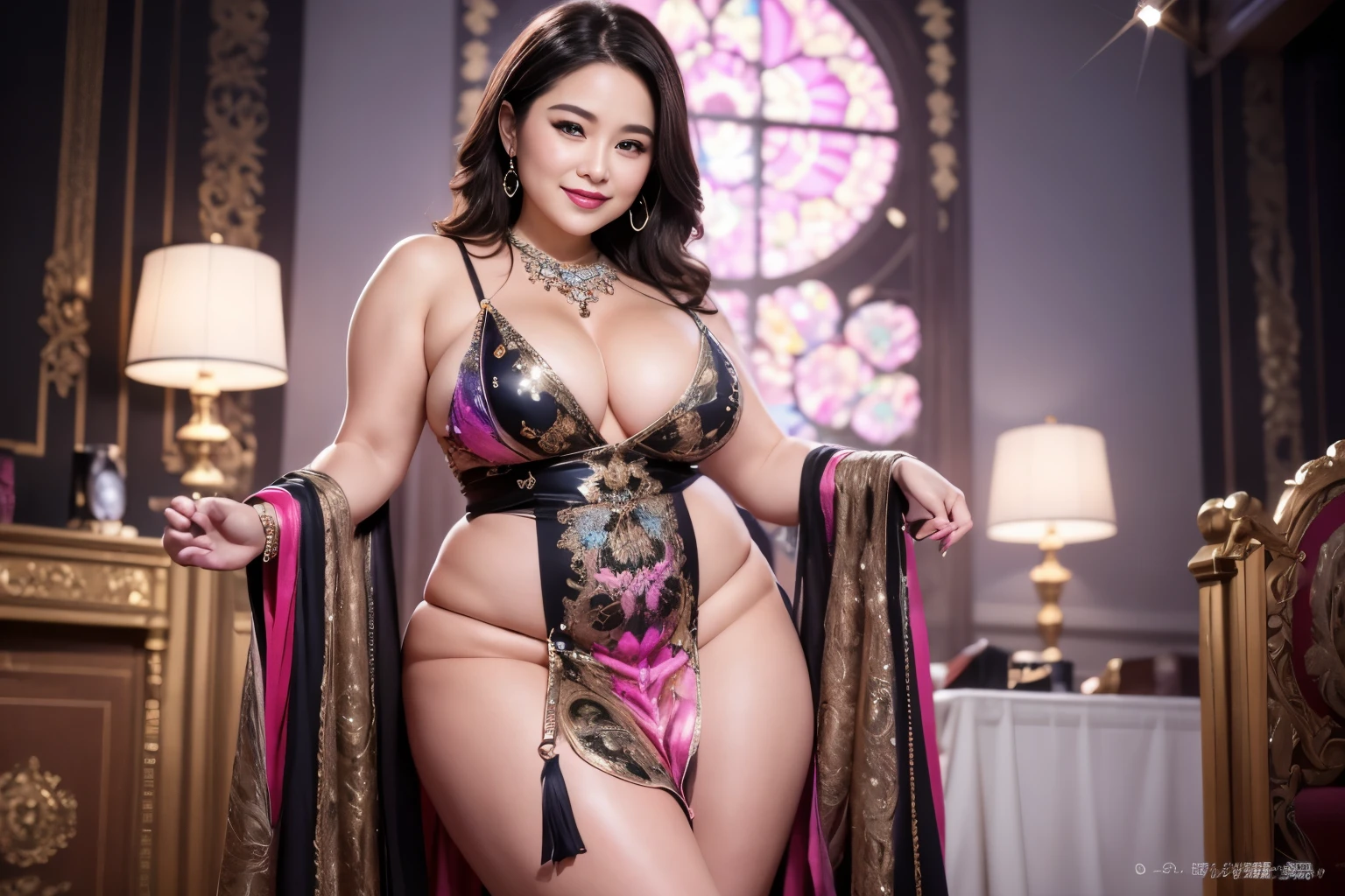 RAW Photos, Digital single-lens reflex camera, Soft lighting, Film Grain, 16K Wallpaper, masterpiece, highest quality, Very detailed, 40~50 years old, Full Body Shot, Mature Woman, beautiful, 魅惑的なsmile,Thick lips, Looking at the audience, Provocative expression, Glossのある髪, Curvaceous and seductive face,Mischievous face,,An inviting gaze,Emphasis on anatomical balance of the human body,A gentle gaze,smile, 妖Gloss,Pink lipstick,Pink Eyeshadow,Luxurious exterior,perfectionなボディ、accessories,Each part of the body is anatomically very well structured., perfection,Best Necklace、Unparalleled beauty、2 wrists、2Book legs、One Face、妖Gloss、Luxurious exterior、smile、Gloss、超滑らかな肌highest qualityのコーディネート、Great background、Super high-end、nice、Sparkling eyes、(((Wear sparkling jewelry)))、(((One female)))、(((Colorful intricately designed dress)))、Less exposed skin