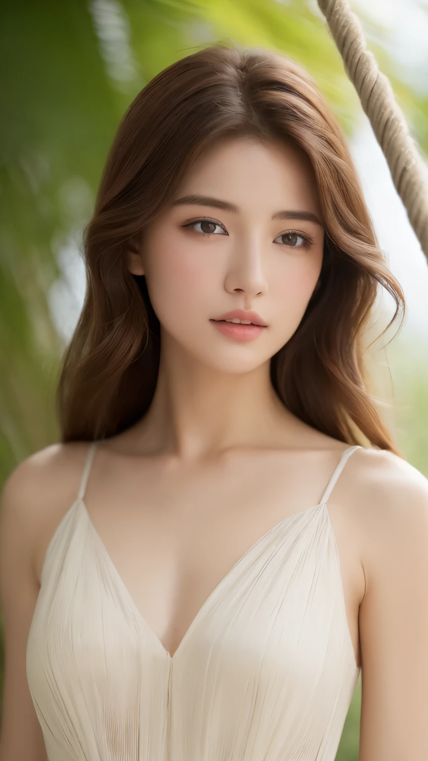 ((top quality、8k、​Masterpiece:1.3))、Cute 1 woman with perfect figure:1.4、((light brown hair、medium bust:1.2))、Lying in a hammock、hammock、at the beach:1.2、Highly detailed facial and skin textures、delicate eyes、double eyelids、Arms and chest、Dress casually