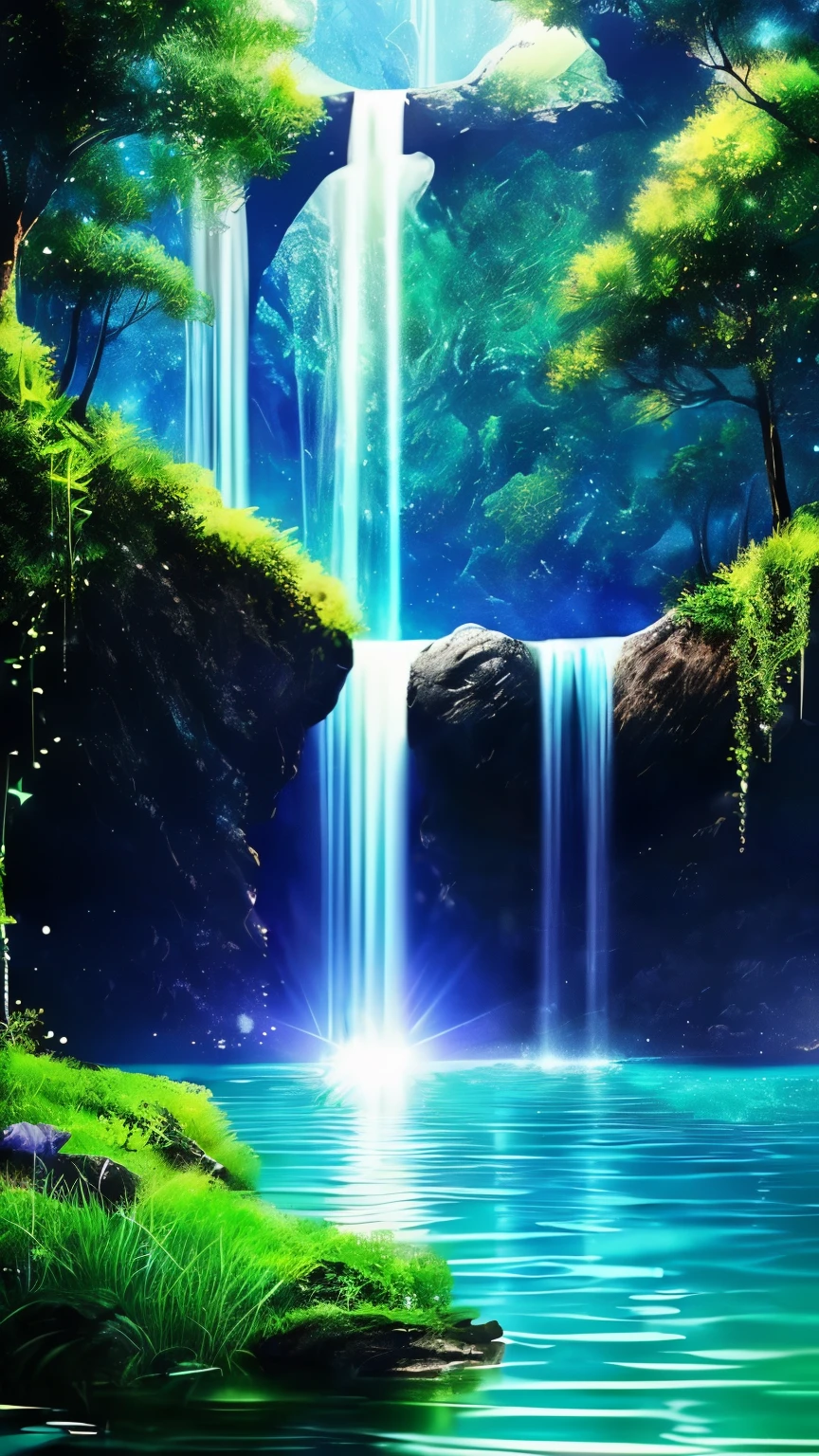 (logo、amazing、8K、table top、Raw photo、amazing、最high quality、Photorealistic and very detailed、CG、high quality、very detailed、story poem、Particle Effects、Dynamic Effects、Text Boundary Depth、Cinematic Light、Lens flare、ray tracing、tabletop、real、ultra hd、fantasy)、beautiful water、splash of water、flow of water、Water swell、fantastic beauty、Transparent green、The beauty and sparkle of water、The tranquility and beauty of water、Deep green and purple sky、Studded Stars、wonderfulWind view、Beautiful natural water、green、Wind、tranquility、wonder、wonderful、magic、best shadow