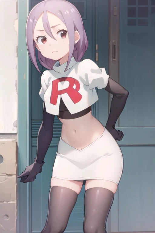 solo, 1girl, looking at viewer, 2D, anime, anime coloring, team rocket,team rocket uniform,white skirt,red letter R,crop top,black thigh-highs,black elbow gloves, urushi yaotome, , looking at viewer