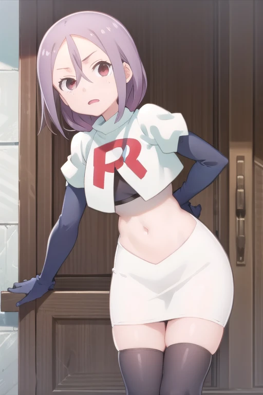 solo, 1girl, looking at viewer, 2D, anime, anime coloring, team rocket,team rocket uniform,white skirt,red letter R,crop top,black thigh-highs,black elbow gloves, urushi yaotome, , looking at viewer