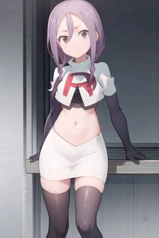 rouge redstar,1girl, black hair, solo, long hair, pink eyes,ear ornament, streaked hair, blunt bangs, looking at viewer,cowboy shot, team rocket,team rocket uniform,white skirt,red letter R,crop top,black thigh-highs,black elbow gloves, (best quality, masterpiece),