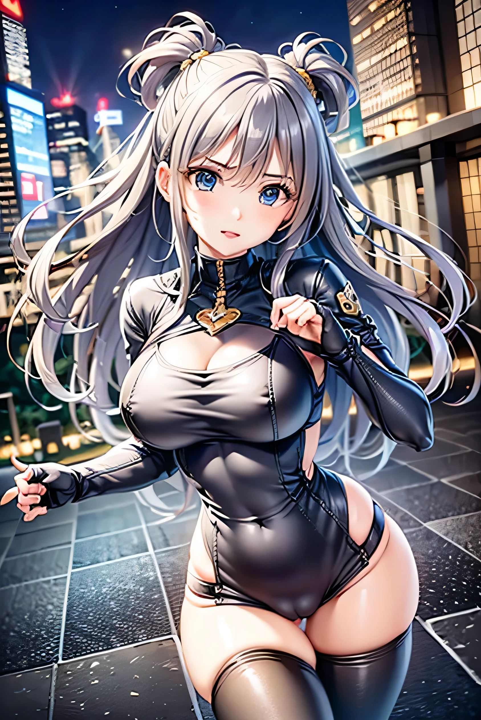 (Photorealistic:1.8, highest quality:1.8,8K masterpiece:1.8,High resolution,Mastepiece:1.8,RAW Photos,Cinematic lighting、8mm fisheye lens),No split screen、cyber punk、Downtown at night、City lights、
(1 Beautiful Warrior Fighting the Enemy:1.5)、(Completely naked、Combat Hair Ornaments、Leather jacket、Tight leotard、choker、Knee-high boots、Nipples are visible through the、Beautiful ass、Beautiful thighs、Plump nipples、Beautiful breasts、cameltoe、Slender Abs:1.2)、(Soryu Asuka Langley)、Fighting Pose、Correct number of arms、
A rich expression、Gets angry violently、laugh at、Surprised、
(midium Hair:1.5, Beautiful, shining blue, white, black and silver hair:1.5)、Sparkling Blue Eyes