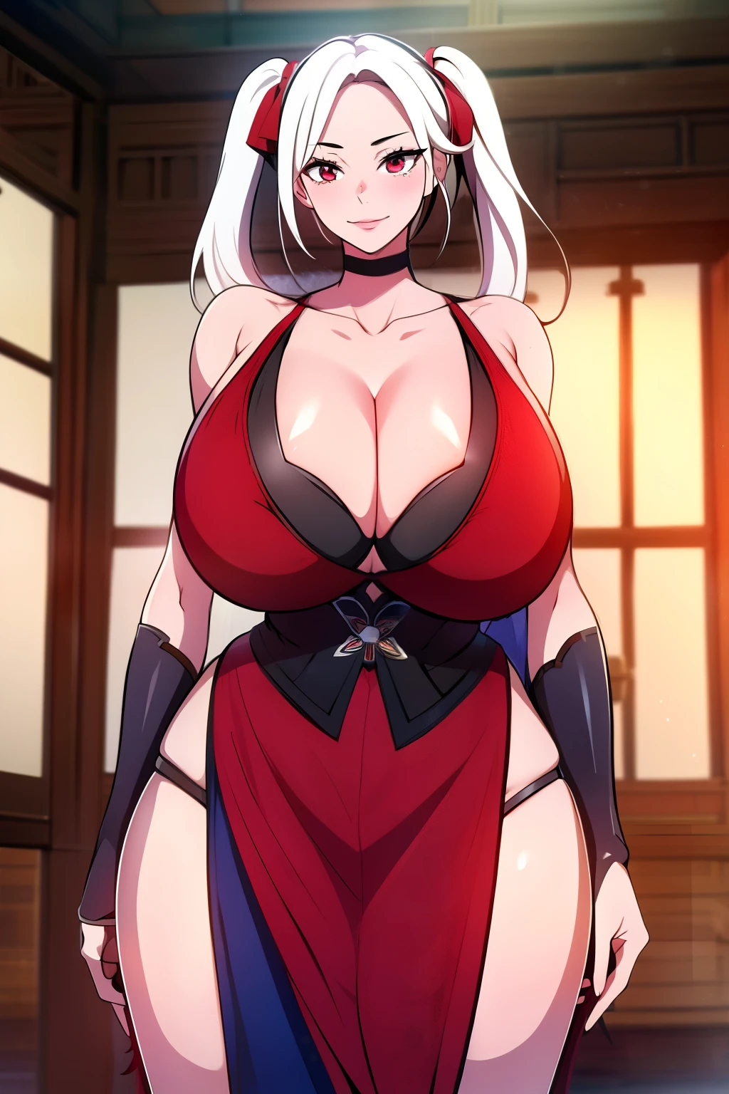 An anime-style artwork depicting ruan mei from the game Honkai star rail.

Tags: ruan mei, anime, detailed eyes, detailed lips, (short kimono:1.1), elbow gloves, smiling expression, intense gaze, glowing emblem on hand, dynamic pose, indoor, palace, vibrant colors, digital art, high-resolution, professional quality, gigantic breasts, cleavage, curvy, cowboy shot, (gigantic breasts: 1.4), (red eyes: 1.1), (white hair: 1.4), twintails