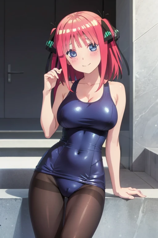 best quality, ultra-detailed masterpiece, anime art style, cute character, nino nakano, large breasts, blush, smile, one-piece swimsuit, pantyhose,