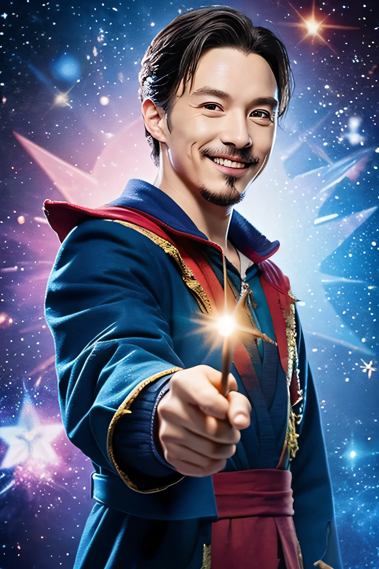 The youth，real，Marvel movies，Doctor Strange，nice smile、A kind smile、Holding a magic wand、Background、Flying in the sky、
