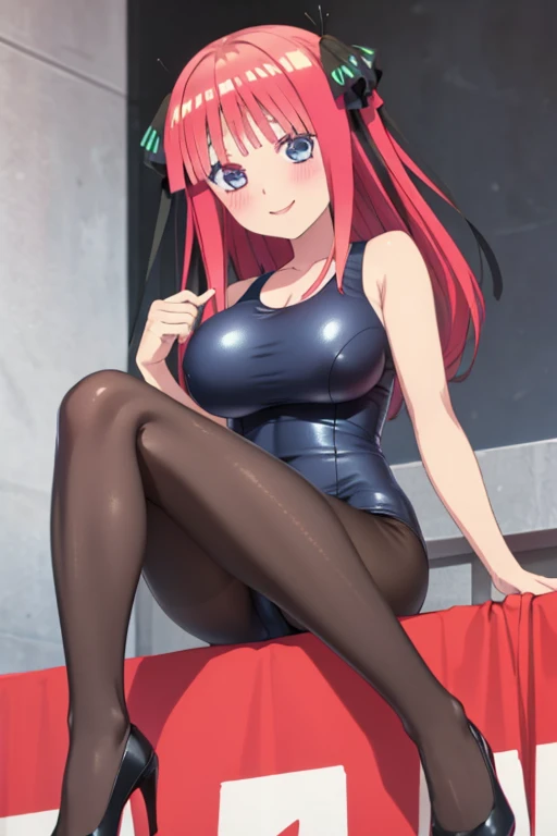best quality, ultra-detailed masterpiece, anime art style, cute character, nino nakano, large breasts, blush, smile, one-piece swimsuit, pantyhose,