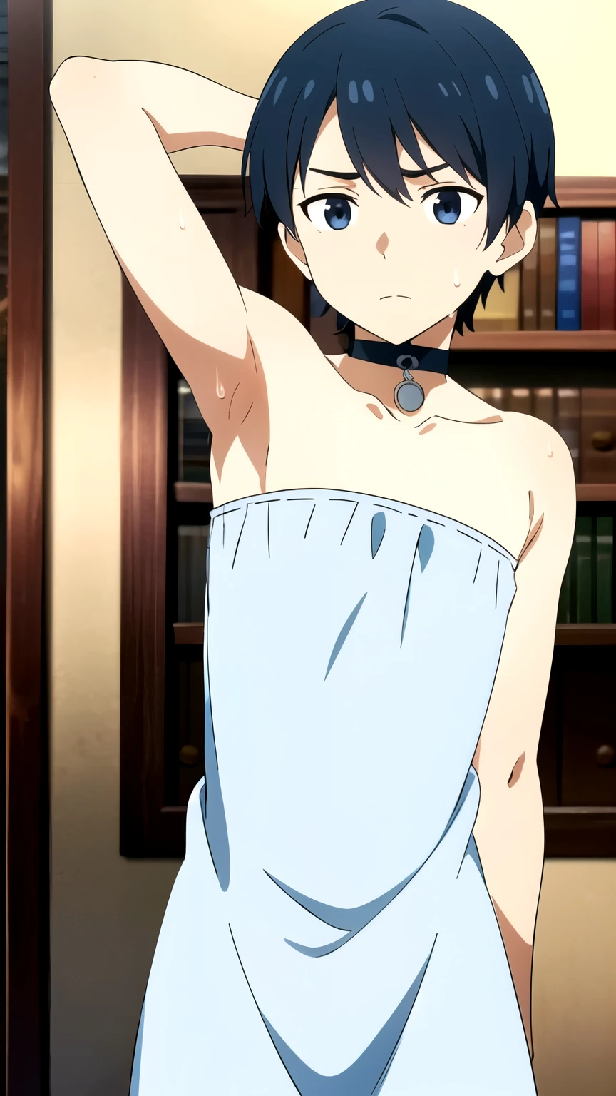 Highres, Masterpiece, Best quality at best,Best Quality,hight quality, hight detailed, 1boy, Boy,Navy blue hair color, Side bangs, Shota, Sweat, Strapless dress, Choker, Collarbone, Half body image, Depth of field, Anime Screencap Style, thin line, Seen from the front, Little sweat, Cute boy, (Showing armpit:1.3), (very small and short stature), (very young boy), 12-year-old boys, Blurry and simple beckground
