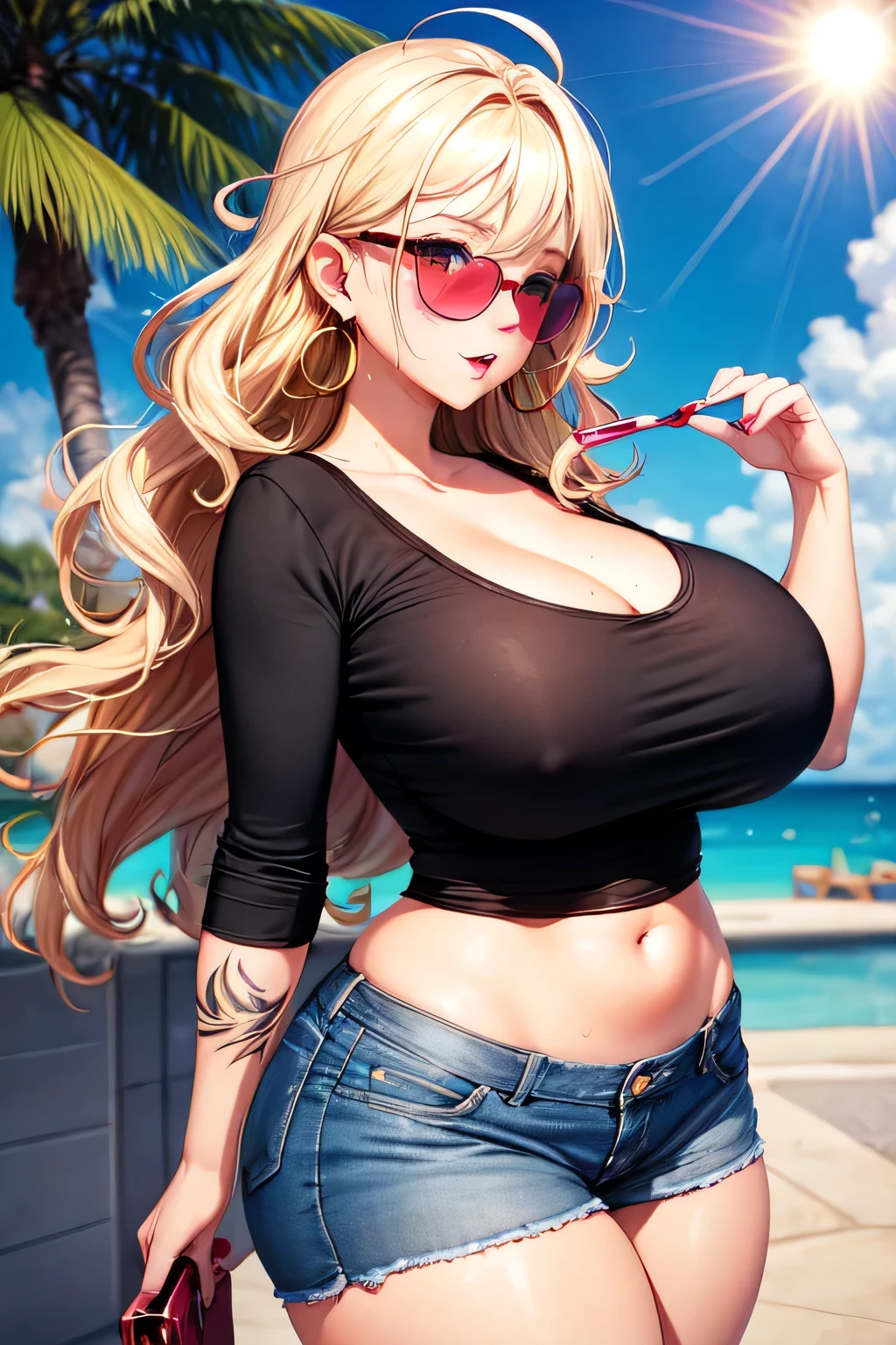 Cute sexy nervous woman with thick long messy curly blonde hair with sun glasses and glasses with tattoo blushing with bright earrings with thick thighs and big chest in a casual outfit with butt out