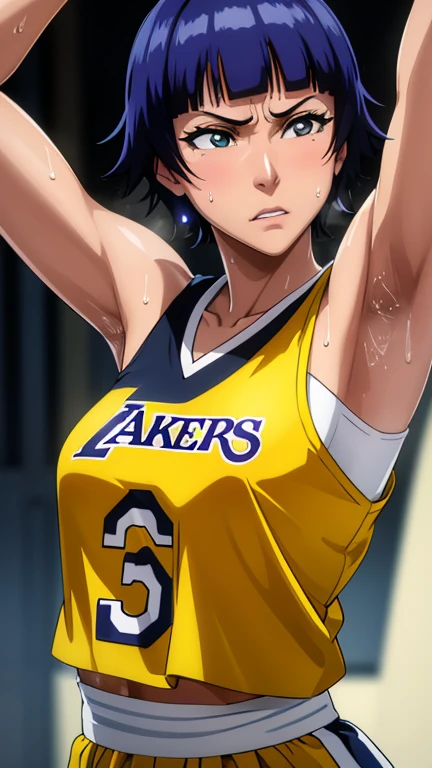 a close up of a person wearing a basketball uniform, a picture, inspired by Kentaro Miura, trending on pixiv, One Piece, wearing yellow nba jersey, yellow croptop nba jersey, wearing a low cut croptop, wearing croptop, croptop, the word "Lakers" on the croptop, golden raito, (winking), shirobako, large)}], favorite scene, fine details. anime. skins, sweating, big breasts, both hands raised, armpits, armpits visible, dripping with sweat, more more sweat, sweaty armpits