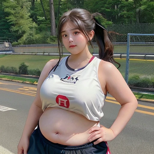 1 girl, Slightly obese body, Big Size, Round face, Double chin, Overweight, Shoulder-length hair、ponytail , belly button,Clothing is jersey、 Full body photography , Beauty、Outdoor、sports、running、Run、20 years old