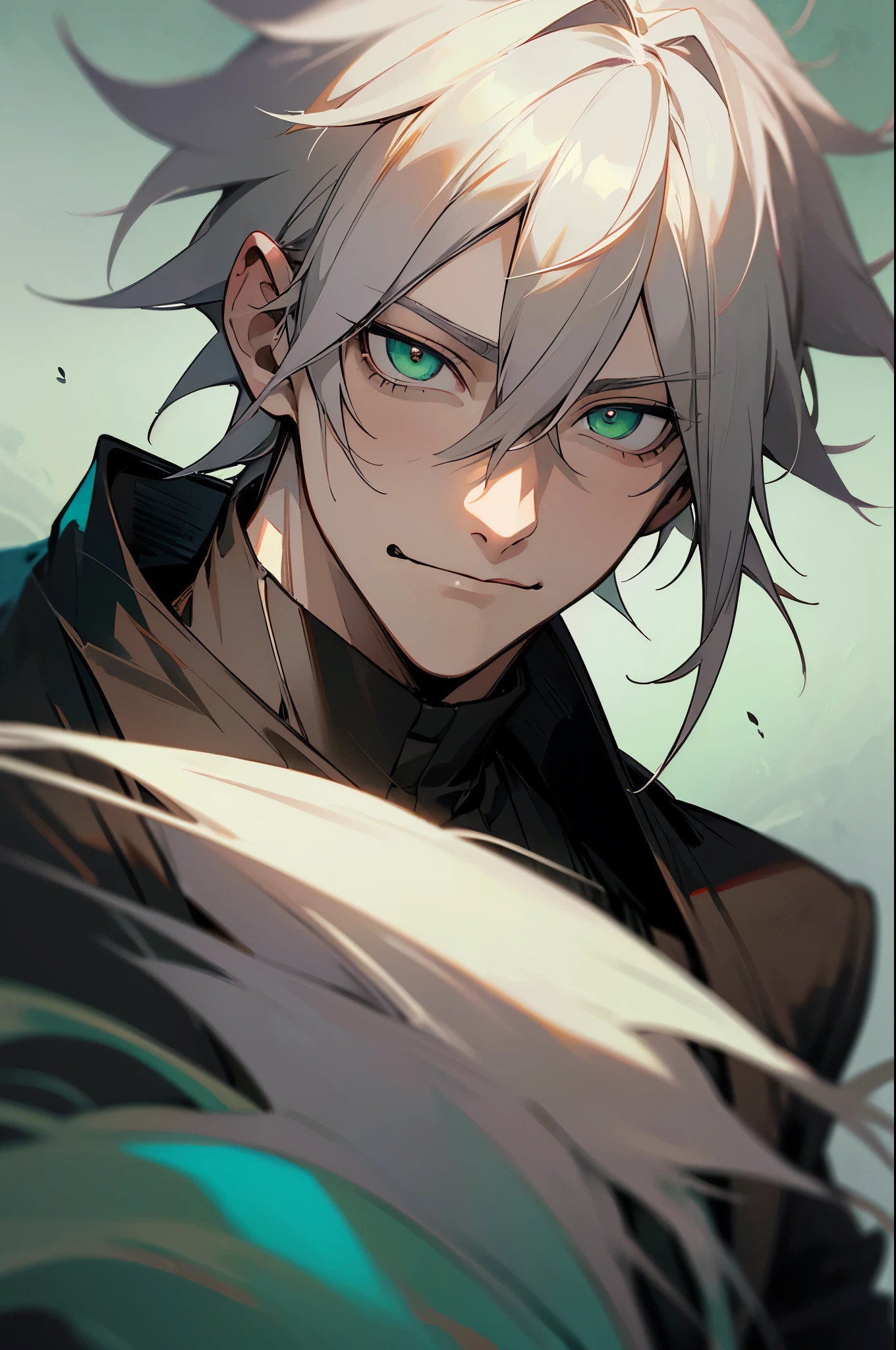 anime character with white hair and green eyes in a dark background, he has dark grey hairs, black jacket, thancred waters in style of wlop, portrait of thancred, roguish smirk, a silver haired mad, nagito komaeda, zerochan art, by Shitao, son of sparda, thancred waters, made with anime painter studio, upper body, young male, dark skies background, light green eyes, muscular, black turtle neck shirt