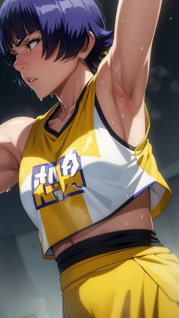 a close up of a person wearing a basketball uniform, a picture, inspired by Kentaro Miura, trending on pixiv, One Piece, wearing yellow nba jersey, yellow croptop nba jersey, wearing a low cut croptop, wearing croptop, croptop, the word "Lakers" on the croptop, golden raito, (winking), shirobako, large)}], favorite scene, fine details. anime. skins, sweating, big breasts, both hands raised, armpits, armpits visible, dripping with sweat, more more sweat, sweaty armpits