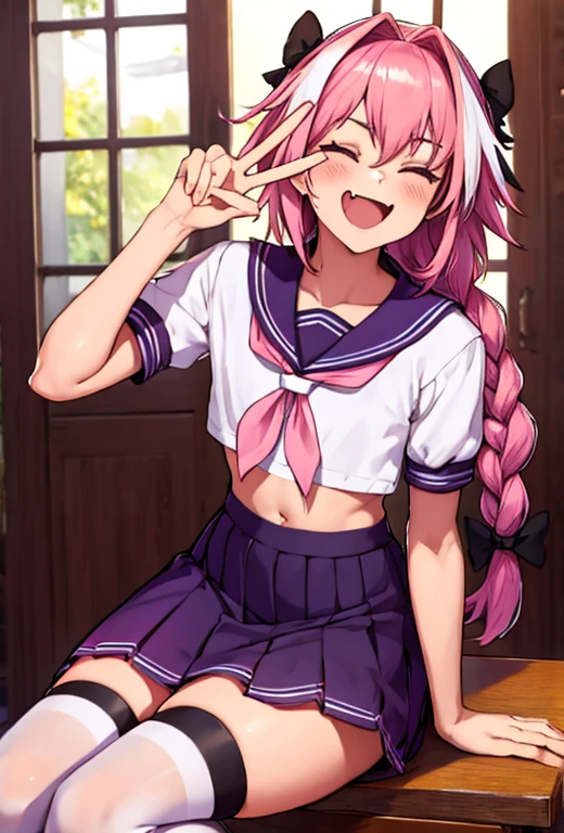masterpiece, best quality, 1boy, Astolfo, long braid, white hair, purple eyes, short sleeves, hair bow, black bow, pleated skirt, pink hair, serafuku, white thighhighs, pink skirt, single braid, navel, flat chest, skirt, long hair, sailor collar, hair intakes, streaked hair, , sitting on chair, across tabel, food, dish, closed eyes, open mouth, fang, smiling, peace sign