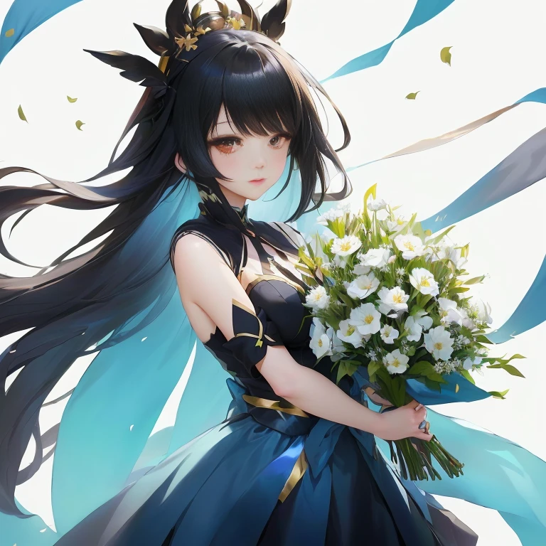 anime girl with long black hair holding a bouquet of flowers, anime moe artstyle, cute anime waifu in a nice dress, guweiz on pixiv artstation, guweiz, from arknights, anime girl wearing a black dress, hestia, guweiz on artstation pixiv, anime goddess, from girls frontline, queen of flowers