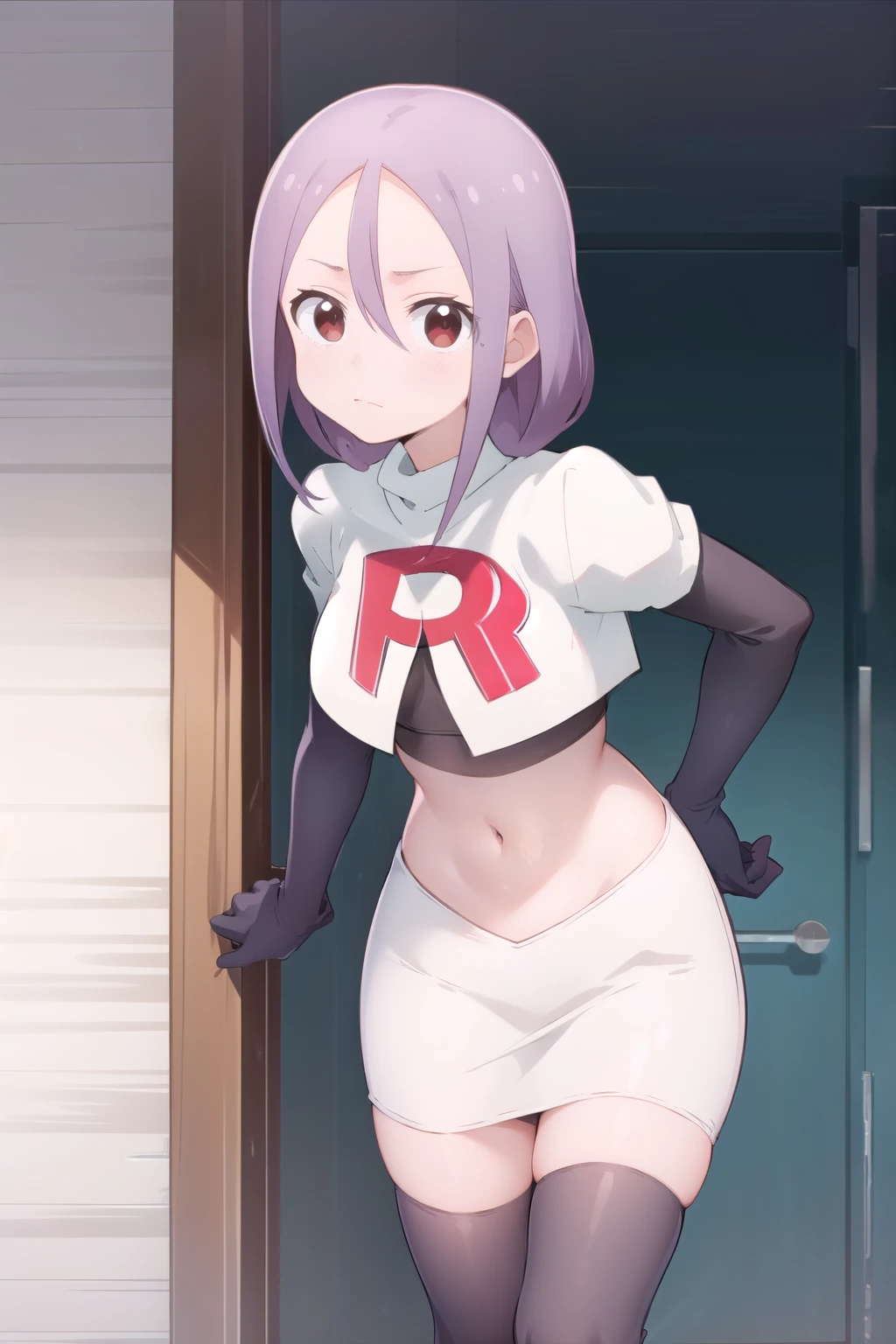 solo, 1girl, looking at viewer, 2D, anime, anime coloring, team rocket,team rocket uniform,white skirt,red letter R,crop top,black thigh-highs,black elbow gloves, urushi yaotome, , looking at viewer