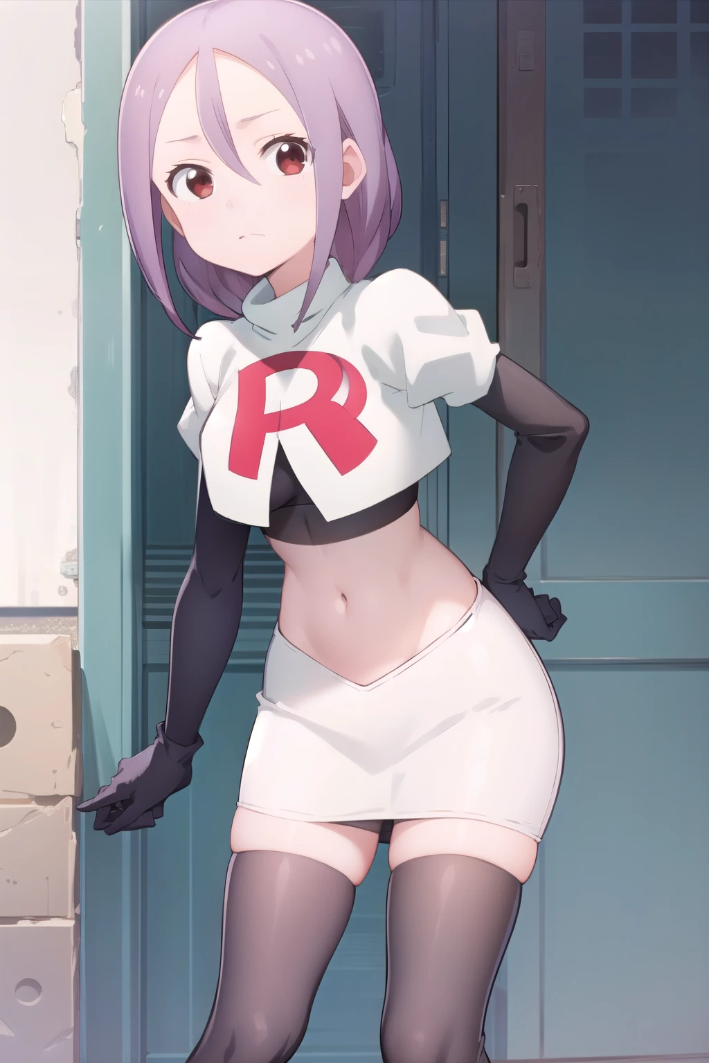 solo, 1girl, looking at viewer, 2D, anime, anime coloring, team rocket,team rocket uniform,white skirt,red letter R,crop top,black thigh-highs,black elbow gloves, urushi yaotome, , looking at viewer