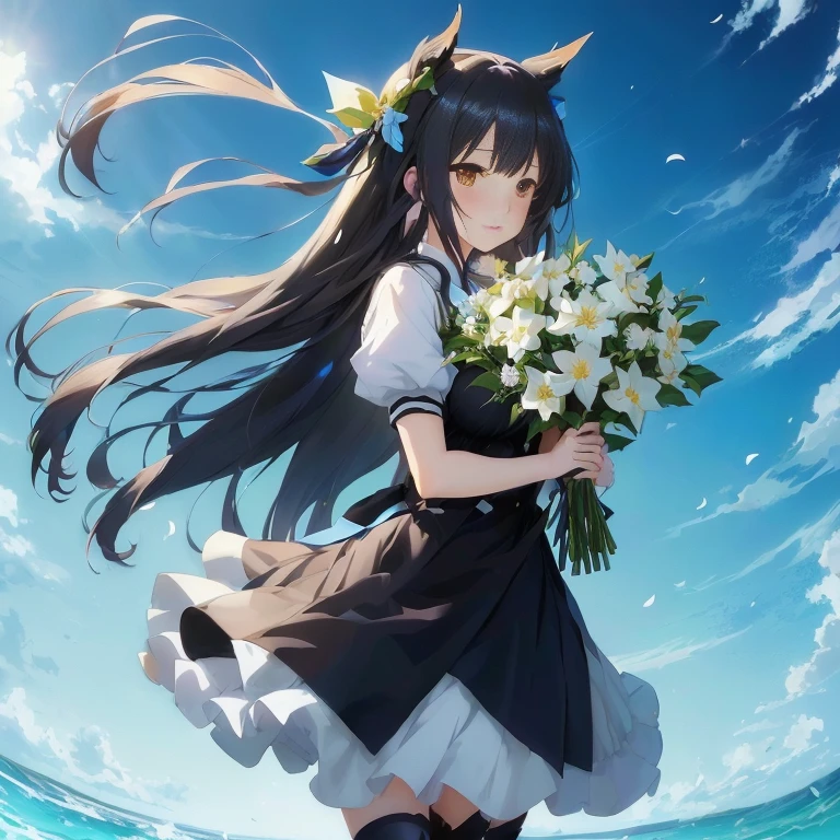 anime girl with long hair holding flowers in front of a blue sky, hestia, anime moe artstyle, kantai collection style, carrying flowers, with flowers, anime girl wearing a black dress, in dress, rin, azur lane style, cute anime waifu in a nice dress, holding flowers, hd anime wallaper, beautiful anime, official art