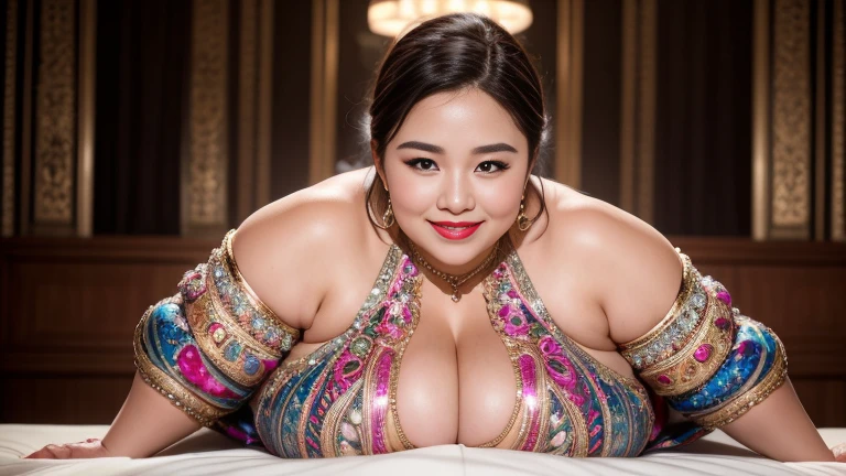 RAW Photos, Digital single-lens reflex camera, Soft lighting, Film Grain, 16K Wallpaper, masterpiece, highest quality, Very detailed, 40~50 years old, Full Body Shot, Mature Woman, beautiful,  魅惑的なsmile,Thick lips, Looking at the audience, Provocative expression, Glossのある髪, Curvaceous and seductive face,Mischievous face,,An inviting gaze,Emphasis on anatomical balance of the human body,A gentle gaze,smile, 妖Gloss,Pink lipstick,Pink Eyeshadow,Luxurious exterior,perfectionなボディ、accessories,Each part of the body is anatomically very well structured., perfection,Best Necklace、Unparalleled beauty、2 wrists、２Book legs、One Face、妖Gloss、Luxurious exterior、smile、Gloss、超滑らかな肌highest qualityのコーディネート、Great background、Super high-end、nice、Sparkling eyes、(((Wear sparkling jewelry)))、(((One female)))、(((Colorful intricately designed dress)))、Less exposed skin