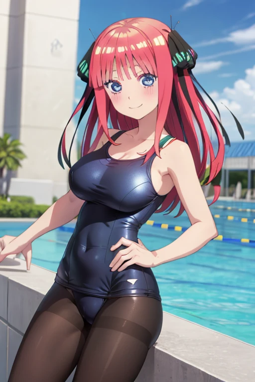 best quality, ultra-detailed masterpiece, anime art style, cute character, nino nakano, large breasts, blush, smile, one-piece swimsuit, pantyhose,