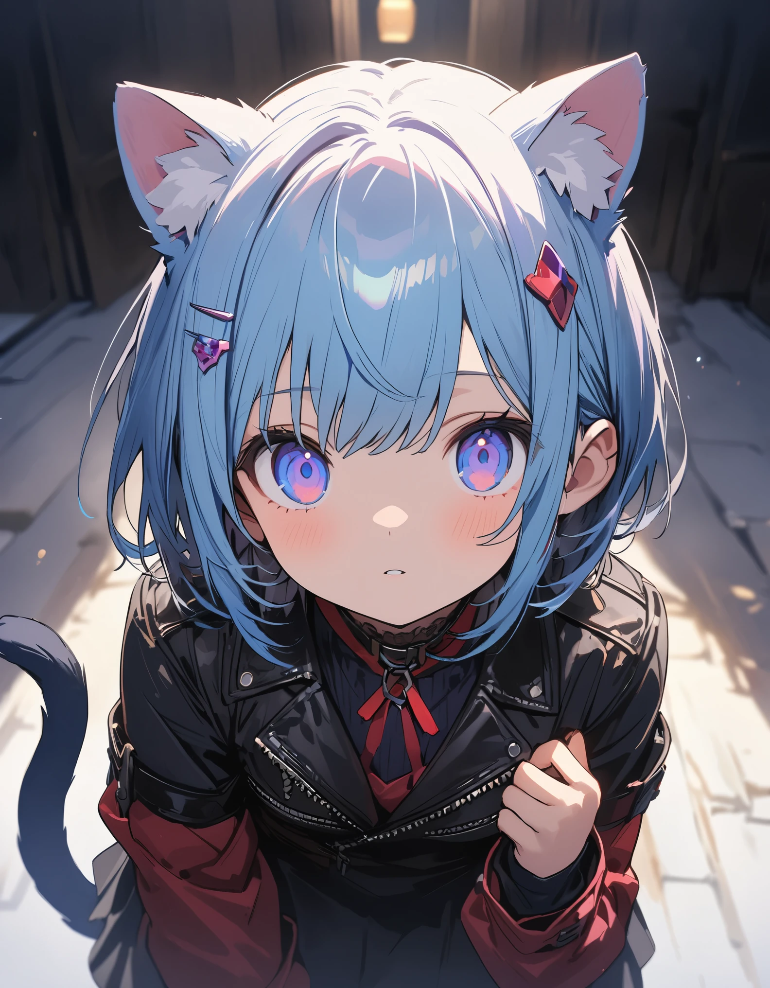 Cute boy with purple and blue hair, Striped Hair, Short Hairstyles, Wearing goggles and a leather jacket, Colorful Tattoos, detailedなアクセサリー, ([Cat tail and ears]:1.3), (複雑なdetailed), High resolution, (複雑なdetailed, 超detailedな:1.2), Cinematic shots, Vignette, Centered、(highest quality、masterpiece、High resolution、detailed)、animeスタイル、Flat Style、(eyes shining iridescent colors illuminated light, Delicate and beautiful face, ),  BREAK,extremely detailed、High saturation,Dynamic Angle、anime、(The Shining), Best lighting, Best Shadow