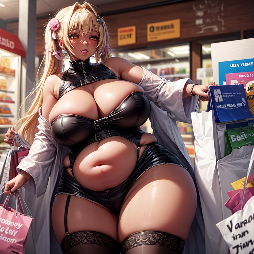 , lace, ((blonde hair)), seductive smile, (orange skin), (tan skin), ((dark skin)), twin tails, pink pompom hair ornament, impossible clothes, masterpiece, yellow eyes,), (full pink lips), intricate detail, long hair, hime hair, gyaru, (jirai kei), sidelocks, huge fat saddlebag thighs, doll face, Solo, 1girl, miniskirt, pink ribbons, black thighhighs, mature, bodycon, ((shopping bags)), money, big fat belly, massive fat breasts, deep cleavage, very wide fat hips, very thick thighs, massive wide round tall fat ass, big bloated belly, big overstuffed belly, she cant stop eating, expanding body, rapid weight gain, massive painfully distended stuffed bloated belly, blushing, rubbing belly, panting,