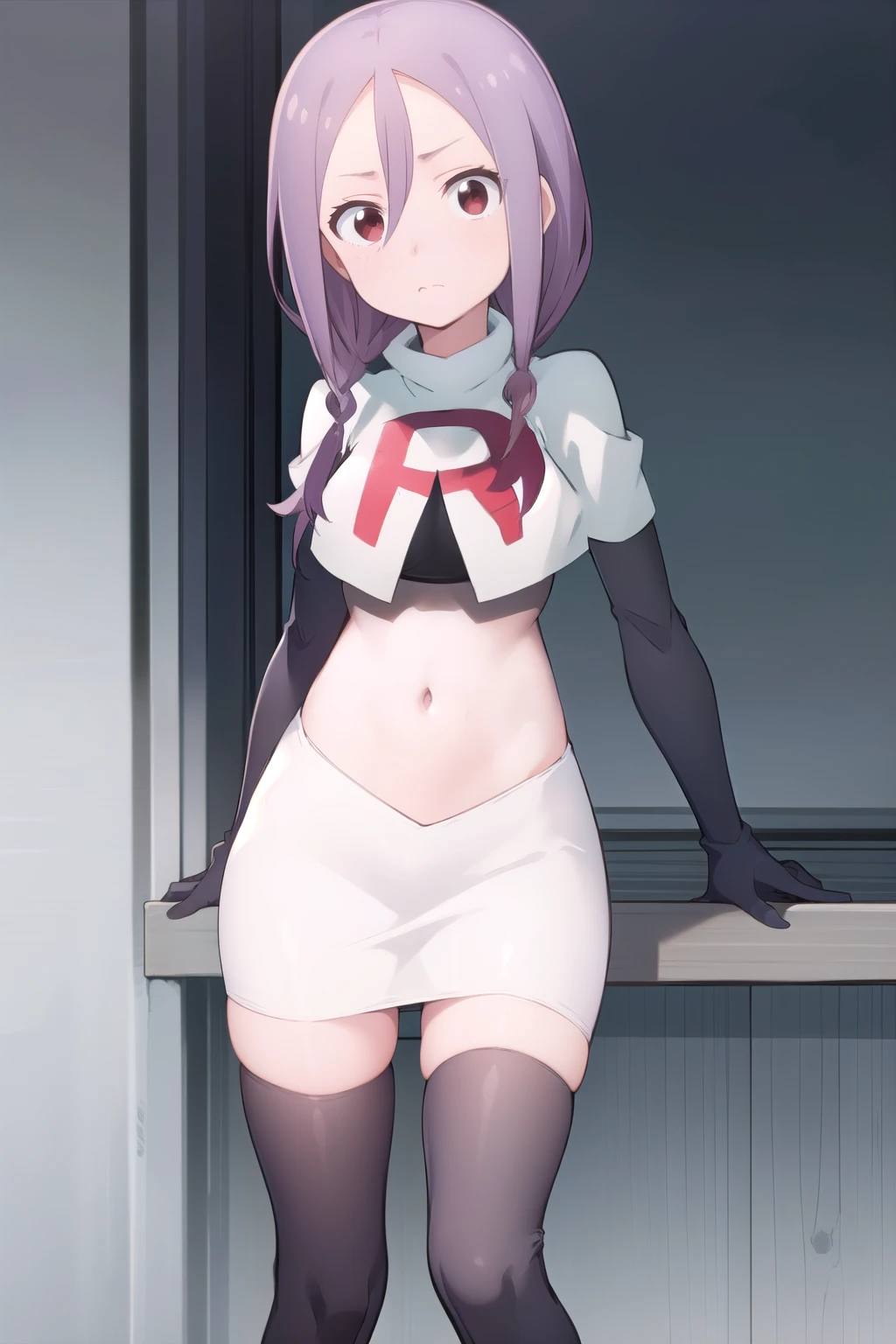 solo, 1girl, looking at viewer, 2D, anime, anime coloring, team rocket,team rocket uniform,white skirt,red letter R,crop top,black thigh-highs,black elbow gloves, urushi yaotome, , looking at viewer