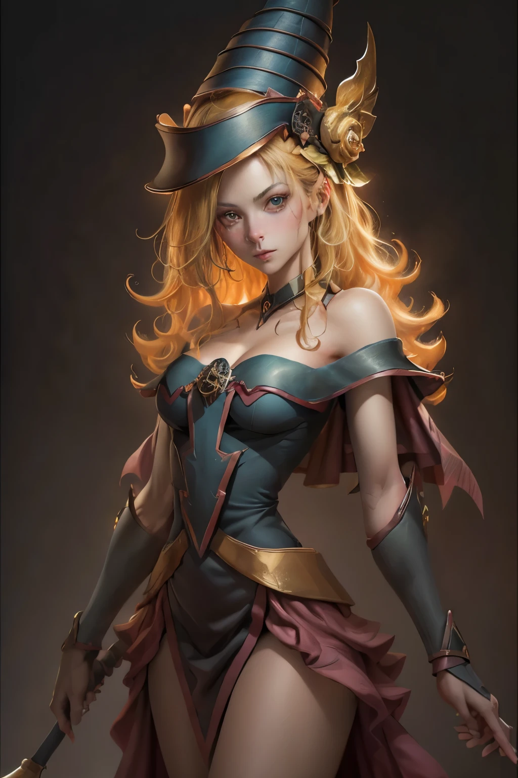 (8k,fotorrealista　raw photography　the highest quality;1.4) 　(1chica en)　Super belleza　(cara realista)　cuerpo femenino 　(Rubia de rizos largos)　Hold a black and red magic wand　Escena de combate　Magic hat with black and gold exterior　Beautiful expression　Deslumbramiento　(Piel de aspecto real)　(Giles magos oscuros)　tentador　super high resolution　Un hiperrealista　Alto detalle　foto de cuerpo completo　restos