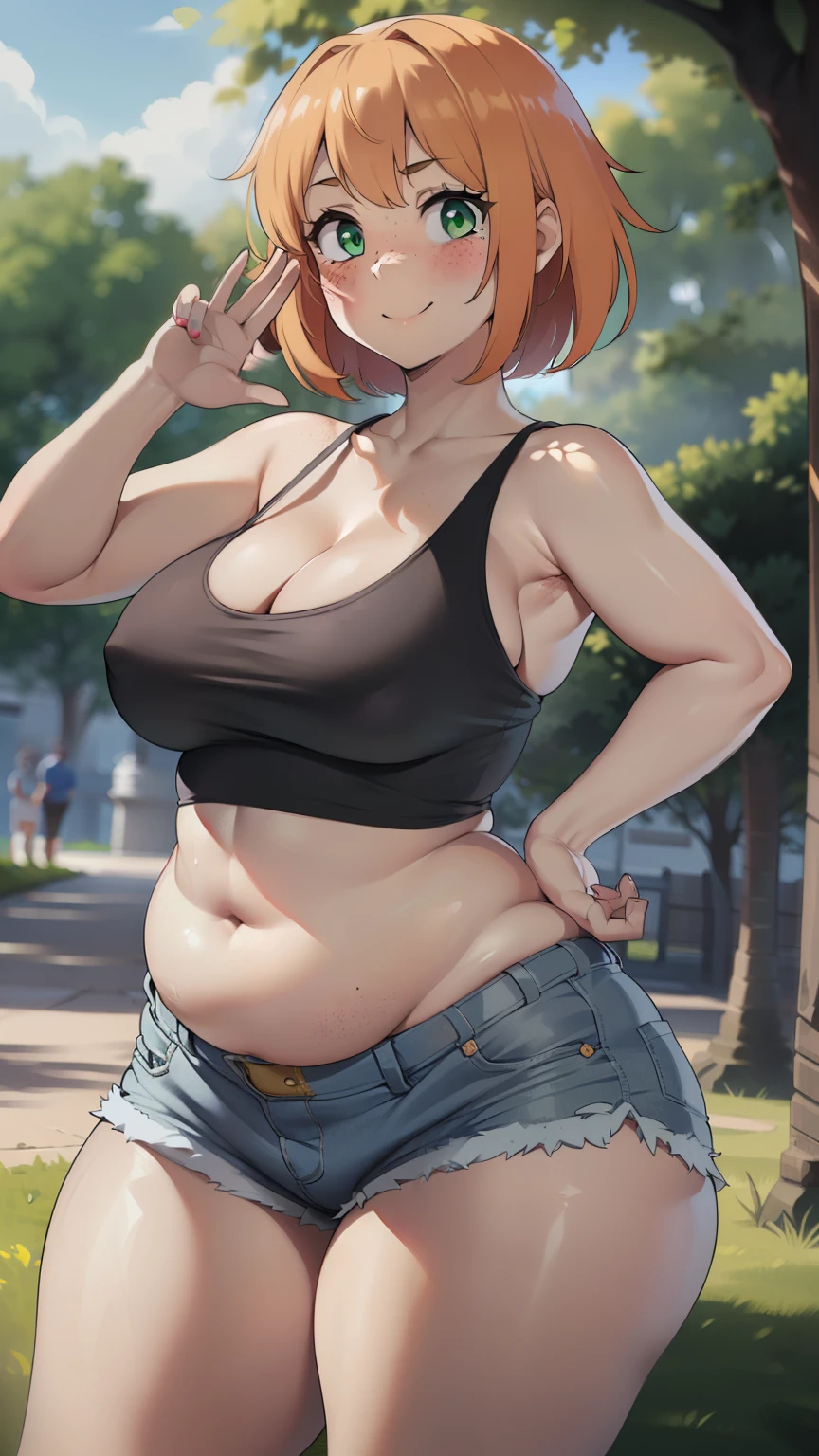 ((highres)), Masterpiece, high quality, best quality, beautiful, perfect lighting, detailed face, ultra cute face, cowboy shot, full body shot, ((1girl)), ((solo), short fluffy orange hair, green eyes, freckles, ((blush)), shy, sweet smile, looking at viewer, waving, hand on hip, standing in a park, (park), daytime, tank top, shorts, (((thick thighs))), ((wide hips)), cleavage, (medium breasts), (chubby), chubby belly, 20 year old female,