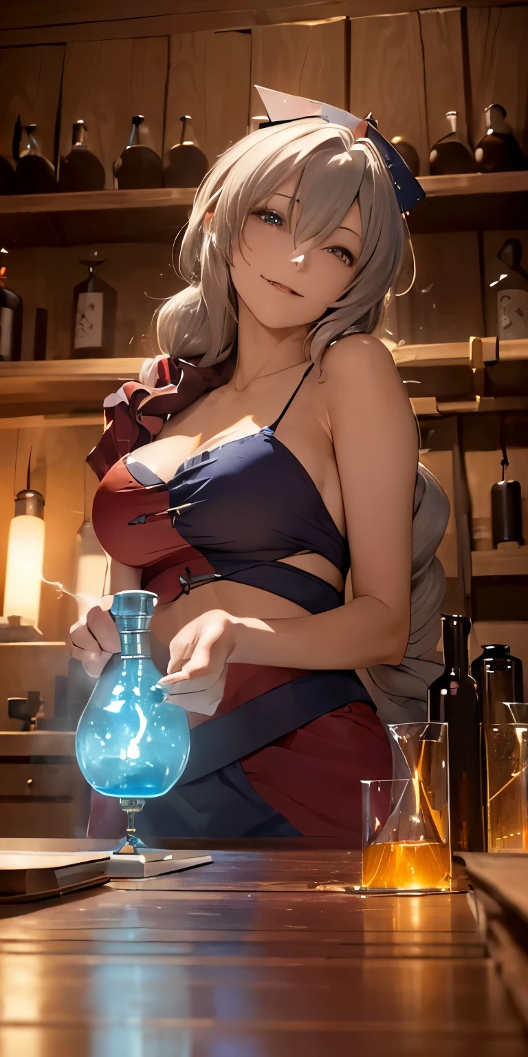 (masterpiece, best quality:1.3), (from below:1.3), Yagokoro Eirin, Touhou Series, perfect face, expressive eyes, 1woman, looking at viewer, 38 years old, gorgeous body, big breast, beautiful, anime, lora,1woman, silver hair, braid hair, nurse cap, red and blue clothes, long skirt, (evil look, looks down on viewer:1.5), (cinematic lighting, realistic, dream-like, enchanting atmosphere:1.3), (photo of a woman in her dark and mysterious environment:1.3), (the woman surrounded by an aura of mystery and intrigue:1.3), (a dark and mysterious laboratory decorated with many flasks, each filled with colorful liquids:2.0), (a table before Eirin decorated with flask, spread out in mysterious shapes:2.0), (she is full of joy in making new discoveries:1.5), (many books nearby, adding to the mystical setting:1.3), (a hint of incense in the air, adding to the sensory experience:1.3), 