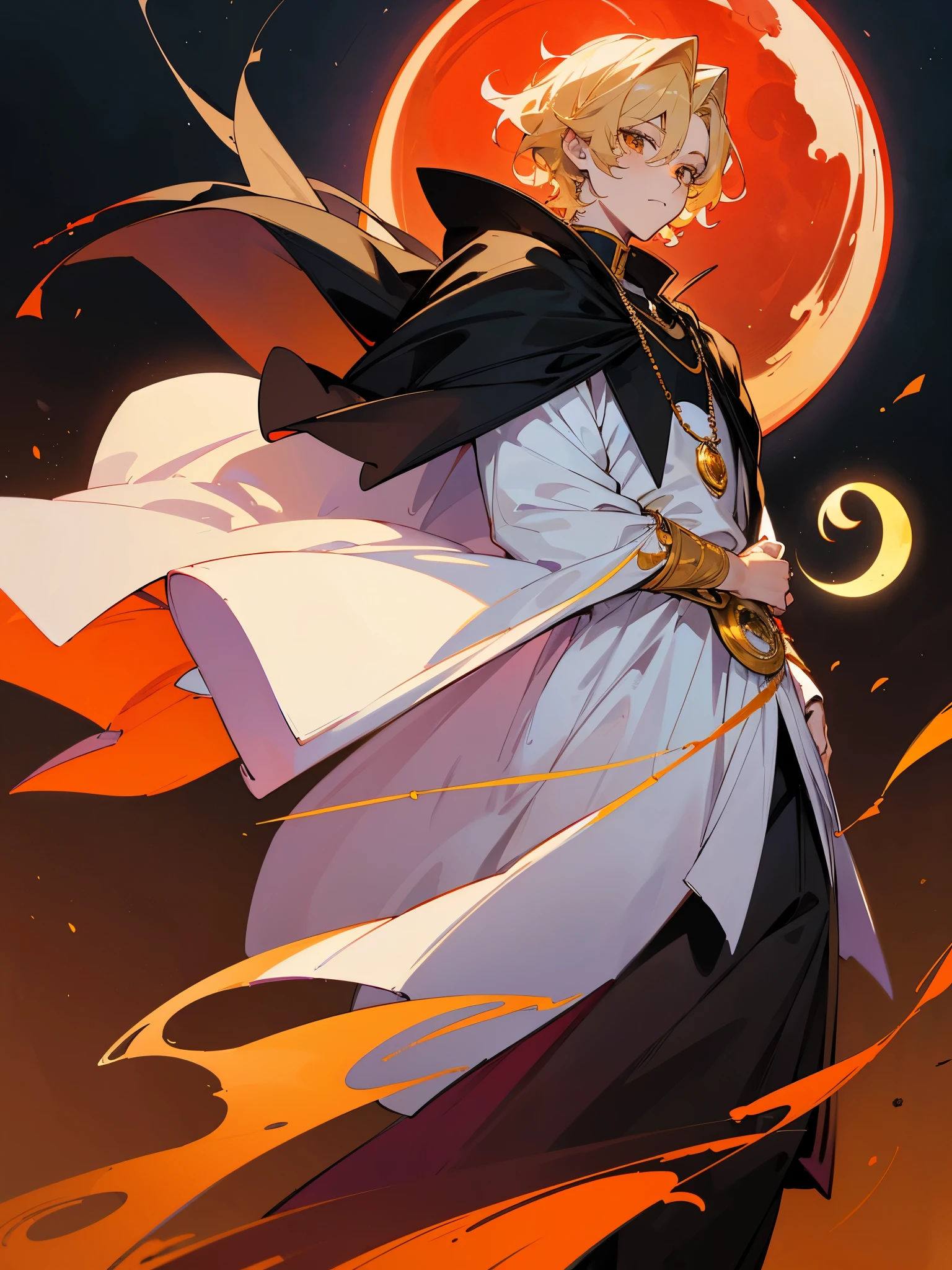  boy with short blonde hair, amber-honey eyes, a mature appearance, wearing white armor covered by a black cloak. The hair is short and wavy, with a neutral expression. The character is adorned with a full crescent moon and a waning moon necklace, as well as a red moon amethyst necklace. Anime style ((ONE CHARACTER))