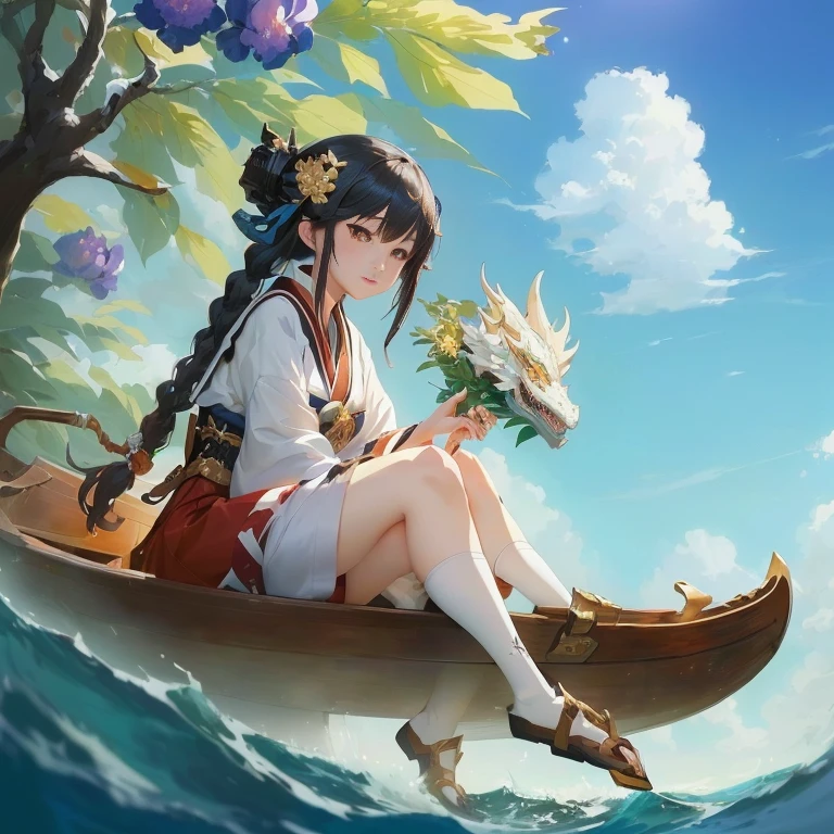 anime girl sitting in a boat with a dragon on the water, kantai collection style, artwork in the style of guweiz, by Yang J, guweiz, onmyoji, onmyoji detailed art, official artwork, world of lute, guweiz on pixiv artstation, anime style 4 k, anime fantasy illustration, official art