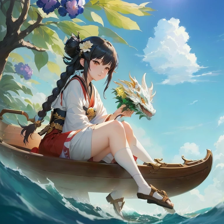 anime girl sitting in a boat with a dragon on the water, kantai collection style, artwork in the style of guweiz, by Yang J, guweiz, onmyoji, onmyoji detailed art, official artwork, world of lute, guweiz on pixiv artstation, anime style 4 k, anime fantasy illustration, official art