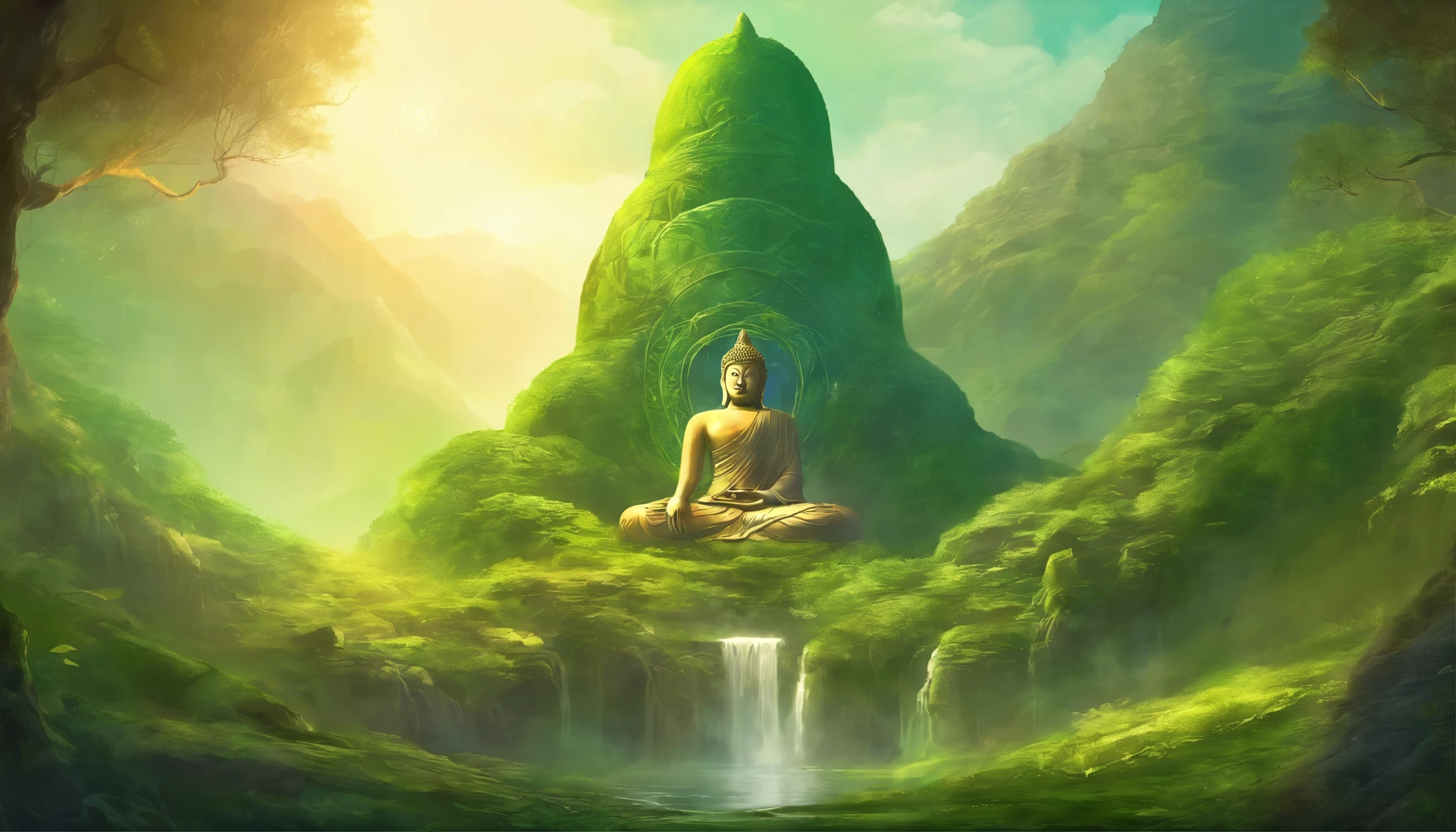 A huge Buddha statue deep in the mountains,One with nature,moss,the lush vegetation,rays of sunshine