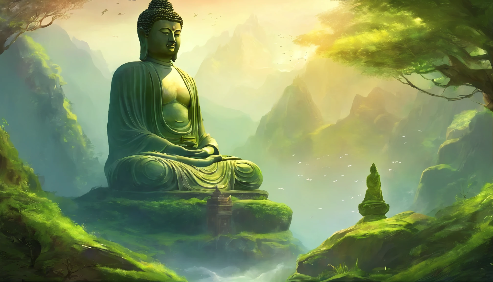 A huge Buddha statue deep in the mountains,One with nature,moss,the lush vegetation,rays of sunshine