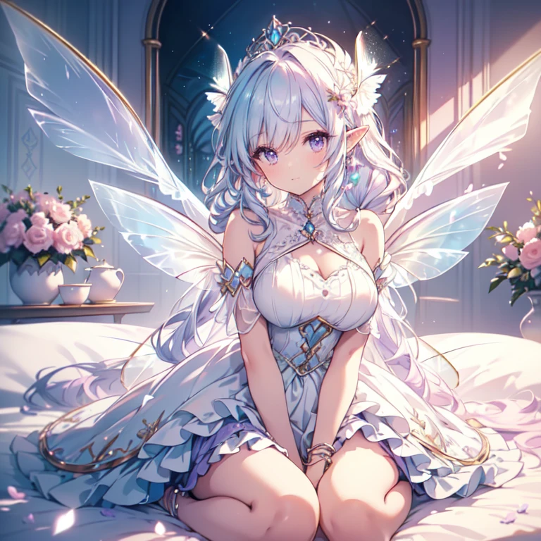 (highest quality, Very detailed, beautiful, Exquisite, 16k, Full HD), Looking down,(Lie on your back in bed),((soft, Sparkly layered dress)),A large and beautiful dress inspired by rose flowers, Hanabubuki,The screen is surrounded by flowers,Frills,Decorated with rhinestones、Ball gown with intricate waves,(Art Station, Fantasy art:1.2), pastel colour,((Giant white fairy wings:1.5)),(Gradient Hair, Light blue hair, Wavy Hair,Fluffy hair,tiara,anklet,Lavender eyes, Long eyelashes, beautiful purple eyes,Cheeks are pale pink,Pointed Ears,Big Breasts,Fluffy),Dazzling Light, Warm lighting,Bright light,Romantic light