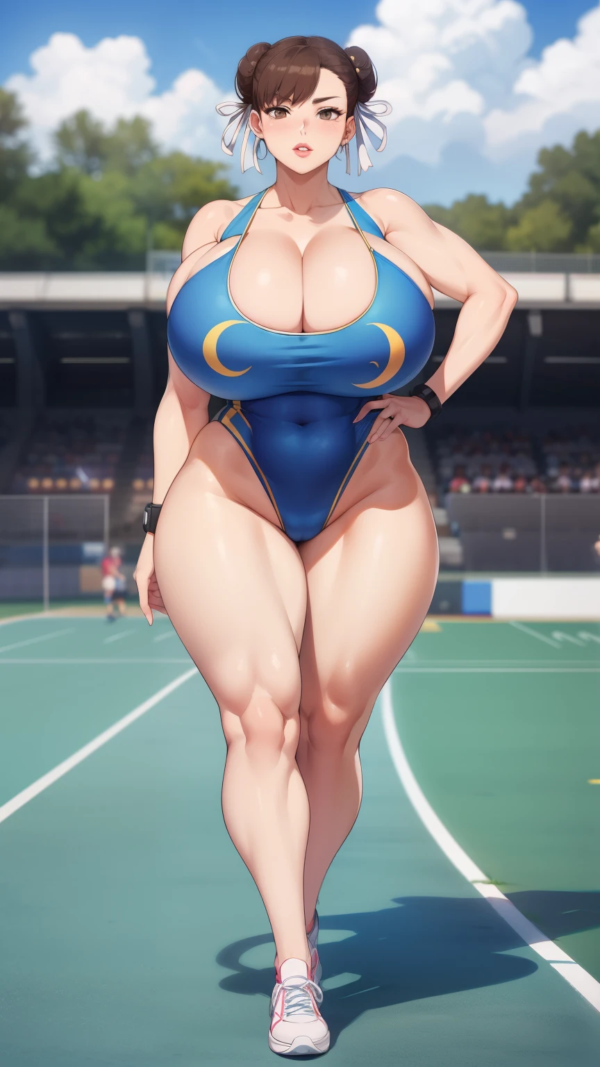 Chunli, 1 girl, ((at last))), Perfect Face, Perfect Eyes, Looking at the audience, short hair, Brown Hair, Lips become thicker, Thick lips, Wide Hips, Thick thighs, Longing face, Huge natural breasts, Cleavage, Mature Mom, (Play sports often), (sports short), Looking at the audience, Brown eyes, Outdoor, Tokyo, belly button, Strong legs, Full Body Shot, 