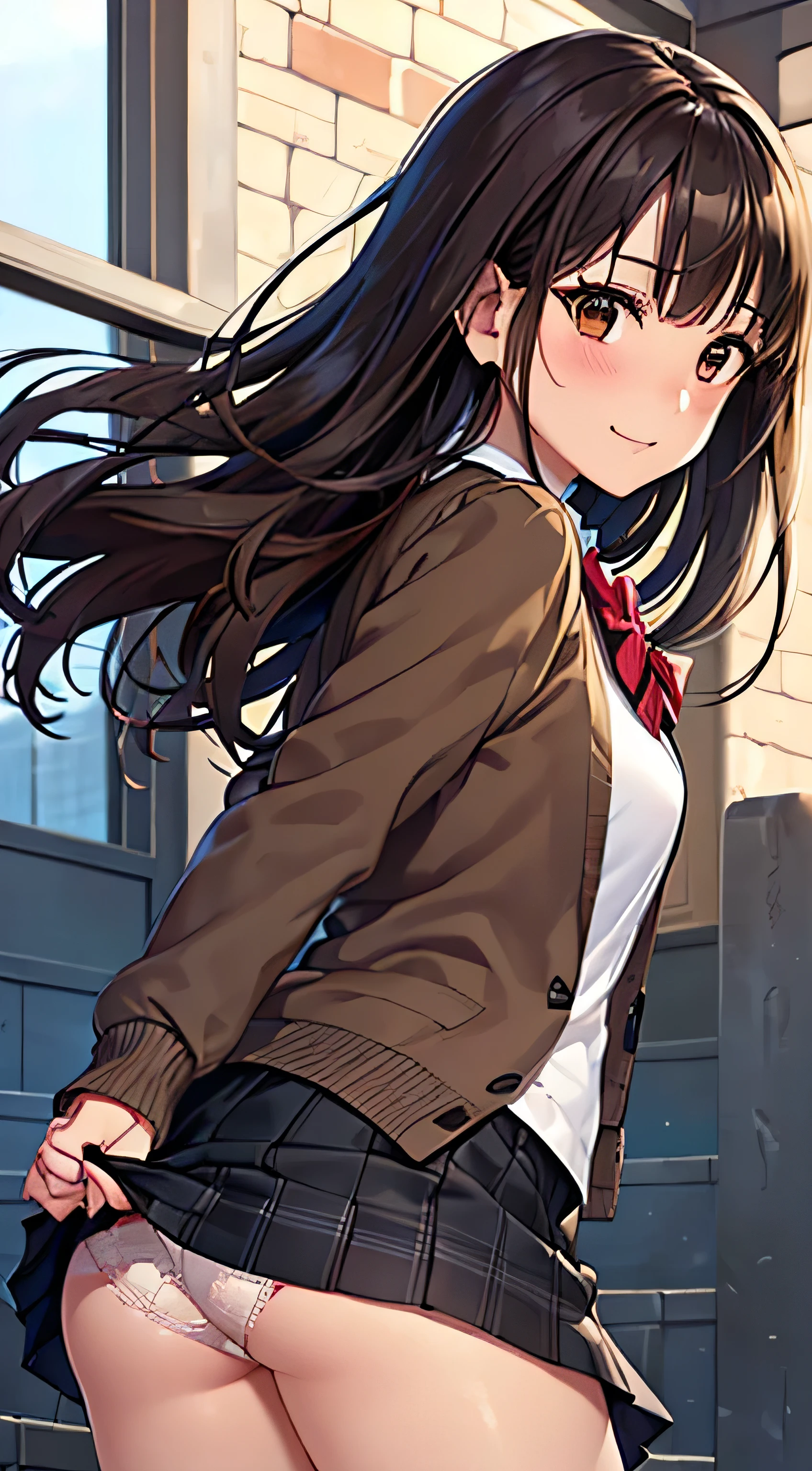 ((Tabletop, highest quality, High resolution, Hmph, Perfect Pixel, 4K, Hmph, Hmph))), One Girl, single, alone, Beauty、The whole body is visible、 ((Mid-wave hair, bangs, Brown Hair)), ((Brown eyes, Beautiful eyelashes, Realistic eyes)), ((Detailed face, Blushing:1.2)), ((Smooth texture:0.75, Realistic texture:0.65, Realistic:1.1, Anime CG Style)), Medium chest, Dynamic Angle, Perfect body, ((Red bow tie, , Black jacket, Open jacket, Brown cardigan, White shirt, Black Skirt, Checked skirt)), City stairs、Looking up from the bottom of the stairs、Very embarrassing panic smile, looked back、Leaning forward、(The wind blew up her skirt, exposing her buttocks....................、Touch your buttocks with both hands、Light yellow floral lace panties)、