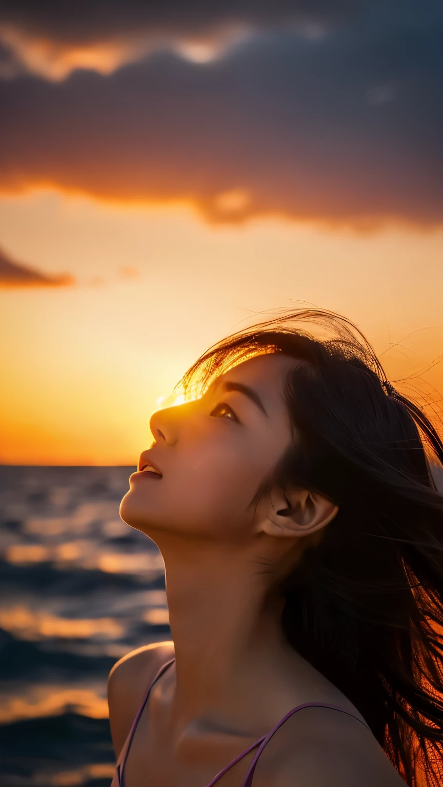 (knit), (highest quality,masterpiece:1.3, Ultra-high resolution), (Ultra-detailed,Caustics),(Photorealistic:1.4,RAW shooting,)Ultra-Realistic Capture, Very detailed, High resolution 16K for human skin, One Woman, Japanese, cute, Black-haired, Middle Hair, (((Sunset sky background))), (((Sunset sea background))),  (((Looking up in profile))), (((I am praying for you)))