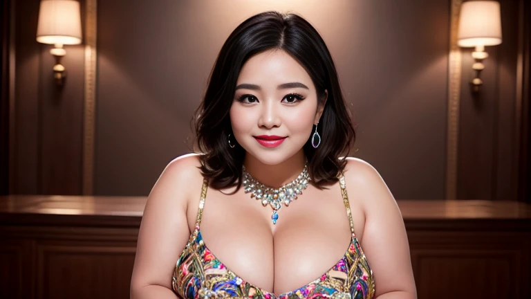 RAW Photos, Digital single-lens reflex camera, Soft lighting, Film Grain, 16K Wallpaper, masterpiece, highest quality, Very detailed, 40~50 years old, Full Body Shot, Mature Woman, beautiful, 魅惑的なsmile,Thick lips, Looking at the audience, Provocative expression, Glossのある髪, Curvaceous and seductive face,Mischievous face,,An inviting gaze,Emphasis on anatomical balance of the human body,A gentle gaze,smile, 妖Gloss,Pink lipstick,Pink Eyeshadow,Luxurious exterior,perfectionなボディ、accessories,Each part of the body is anatomically very well structured., perfection,Best Necklace、Unparalleled beauty、2 wrists、2Book legs、One Face、妖Gloss、Luxurious exterior、smile、Gloss、超滑らかな肌highest qualityのコーディネート、Great background、Super high-end、nice、Sparkling eyes、(((Wear sparkling jewelry)))、(((One female)))、(((Colorful intricately designed dress)))、Less exposed skin