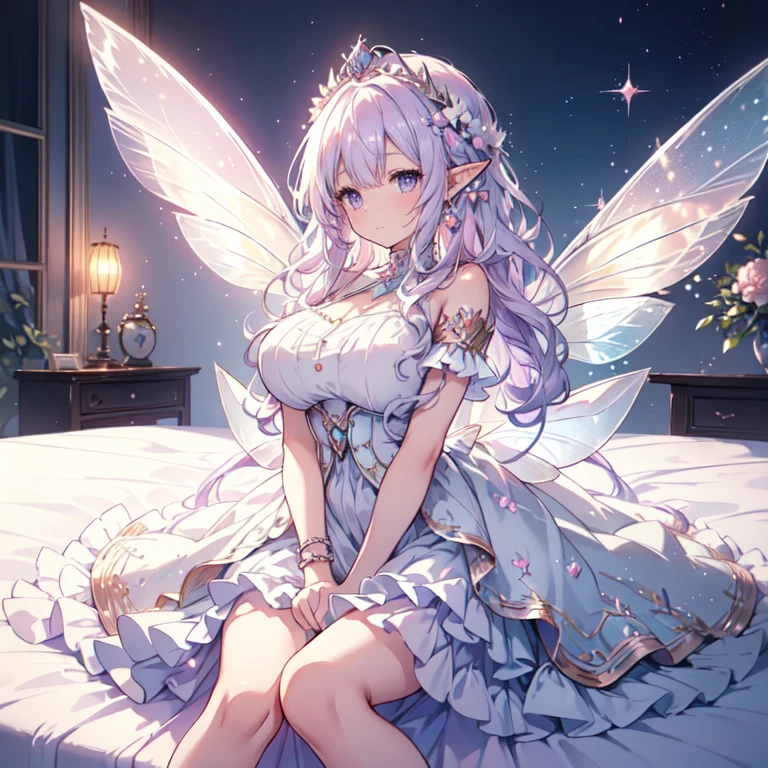 (highest quality, Very detailed, beautiful, Exquisite, 16k, Full HD), (Lie on your back in bed),((A fluffy layered dress that sparkles)),A large and beautiful dress inspired by rose flowers, Hanabubuki,The screen is surrounded by flowers,Frills,Rhinestones are adorned、Intricately wavy ball gown,(Art Station, Fantasy art:1.2), pastel colour,((Giant white fairy wings:1.5)),(Gradient Hair, Light blue hair, Wavy Hair,Fluffy hair,tiara,anklet,Lavender eyes, Long eyelashes, beautiful purple eyes,Light pink cheeks,Pointed Ears,Big Breasts),Dazzling Light, Warm lighting,Bright light,Romantic light